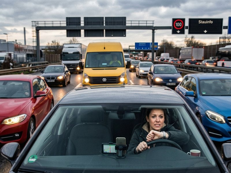 Hektik und Zeitdruck im dichten Berufsverkehr Gestresste Autofahrerin blickt hektisch auf ihre Armbanduhr im dichten Berufsverkehr auf der Autobahn.